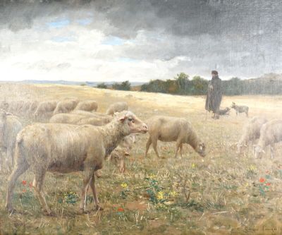 un tableau représentant un homme debout dans un champ avec un troupeau de moutons