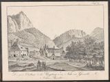 un vieux dessin représentant un village avec une montagne en arrière-plan