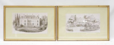 two framed drawings of a house and a garden in gold frames