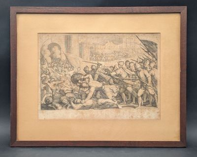 a drawing of a group of soldiers on a street with a building in the background