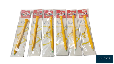 six yellow toothbrushes in a package on a white background