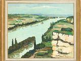 une image représentant un tableau représentant une rivière, dans un cadre doré