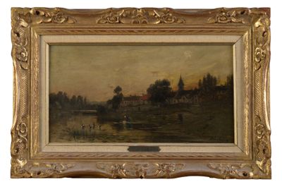 une image d'une peinture représentant une scène de rivière avec un bateau dans l'eau
