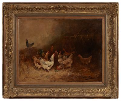 an image of a painting of chickens and chickens in a barn
