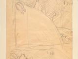 un dessin représentant un homme assis sur une chaise dans une pièce
