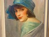 painting of a woman in a blue hat and green dress
