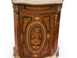 a small wooden cabinet with a painting on it