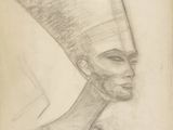 un vieux dessin d'une femme avec un chapeau sur la tête
