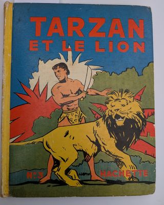 un vieux livre pour enfants avec l'illustration d'un homme chevauchant un lion