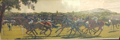 une photo d'un tableau représentant des chevaux et des jockeys dans un champ