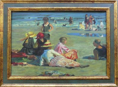 ANONYME, "Personnages sur la plage, impression sur toile, 20…
