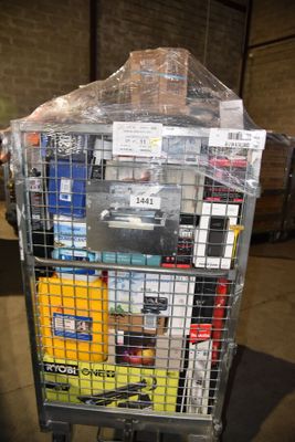 a cart with many different items in it in a warehouse