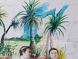 painting of a couple sitting on a couch in a living room