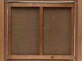an image of a window with a wooden frame and brown fabric