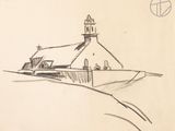 drawing of a church with a steeple and a steeple on the top of a hill