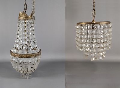 deux photos d'un lustre suspendu au plafond