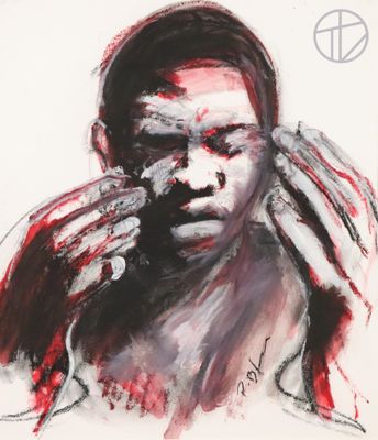 painting of a man holding his hands to his face with blood all over his face