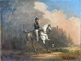 painting of a man in uniform riding a horse in a field