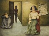 une image représentant un tableau où l'on voit une femme assise sur une chaise, avec un homme debout à l'arrière-plan