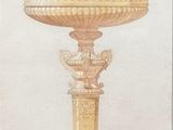 un tableau représentant une lampe posée sur un socle dans une pièce
