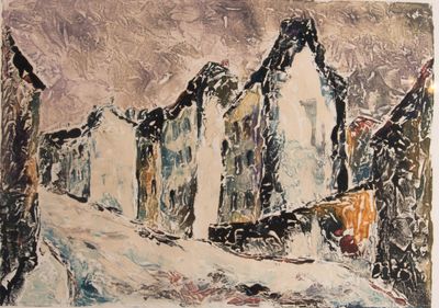 une photo d'un tableau représentant un bâtiment sous la neige