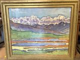 une peinture à l'huile d'un paysage avec des montagnes en arrière-plan