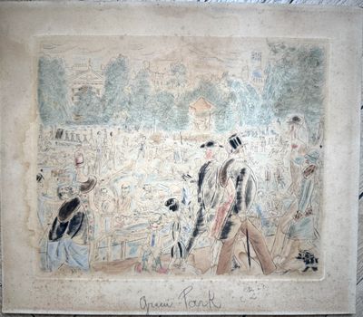 painting of a group of people walking down a street with a dog