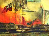 a painting of a ship in the water with a flag on it