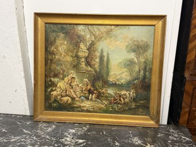 une peinture à l'huile représentant un tableau où figure un groupe de personnes dans un décor boisé