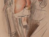 drawing of a woman in stockings and stockings on a bed with her legs crossed