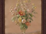 une peinture de fleurs dans un vase en verre sur une table
