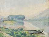 une peinture représentant un bateau au bord d'un lac