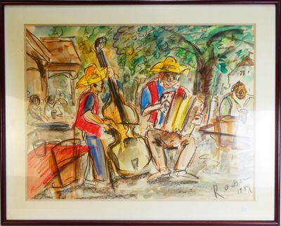 une photo d'un tableau représentant un homme et une femme en train de jouer de la musique
