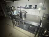 dimly lit kitchen with pots and pans on the counter