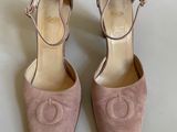 chanel pink sued pumps with gold buckles