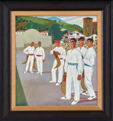 tableau représentant un groupe d'hommes debout devant un terrain de baseball