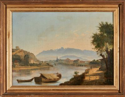 une image représentant une peinture d'un paysage fluvial avec un bateau au premier plan
