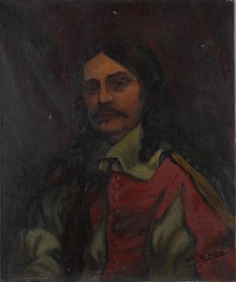 a painting of a man with a mustache in a red dress
