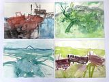 four watercolor paintings of a boat and a boat in a body of water