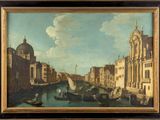 an image of a painting of a canal with boats in it