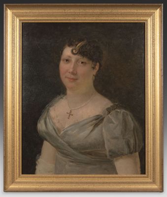 a painting of a woman in a gray dress in a gold frame