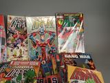 a lot of comic books on display on a table