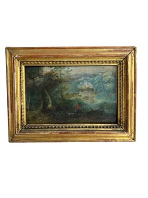 an oil painting of a wooded landscape with a man and a dog