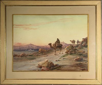 tableau représentant un homme à dos de chameau dans le désert, avec deux chameaux en arrière-plan