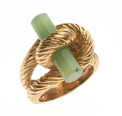 BAGUE en or jaune 750‰ à motif de cordage retenant un quartz… - Photo 1