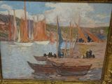 a painting of boats on the water with people on them