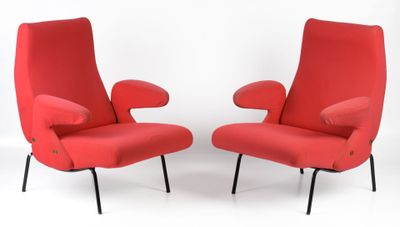 pair of red lounge chairs with black legs on a white background