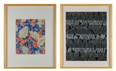 two framed prints of leaves and flowers on a white background