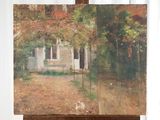 un tableau posé sur un chevalet, avec, en arrière-plan, un tableau représentant une maison
