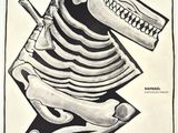 une image représentant un dessin d'un squelette avec un couteau dans la bouche